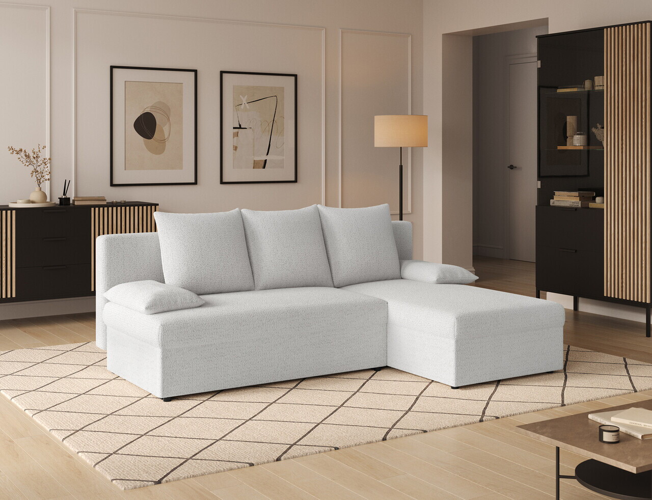 Coltar extensibil reversibil 3 locuri ELTAP Gino 201x143x90 cm lemn/poliester alb