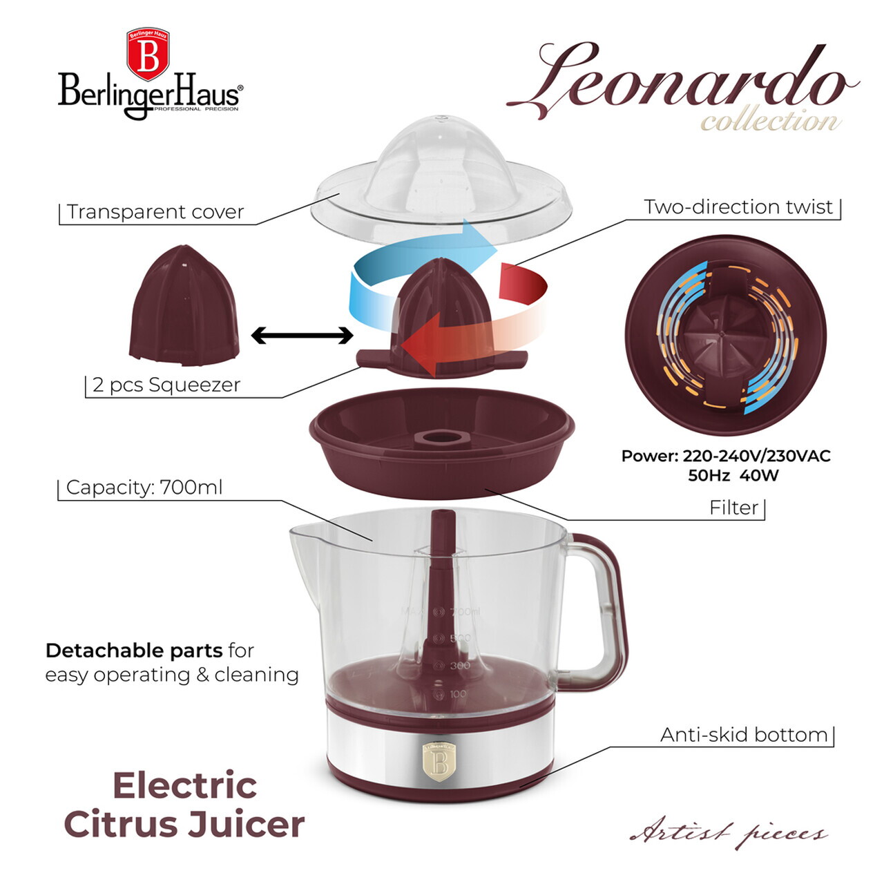 Storcator electric de citrice Berlinger Haus, Leonardo, 40W, 700 ml, plastic/inox, visiniu mat - imagine 8