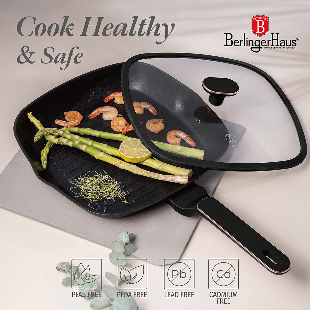 Tigaie grill cu capac Berlinger Haus, Black Rose, 28 cm, 2.1 L, aluminiu forjat, negru mat - imagine 5