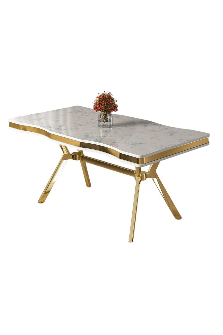 Masa, Hanah Home, Prah, 160x76x90 cm, Model de marmură albă / Auriu — imaginea 2