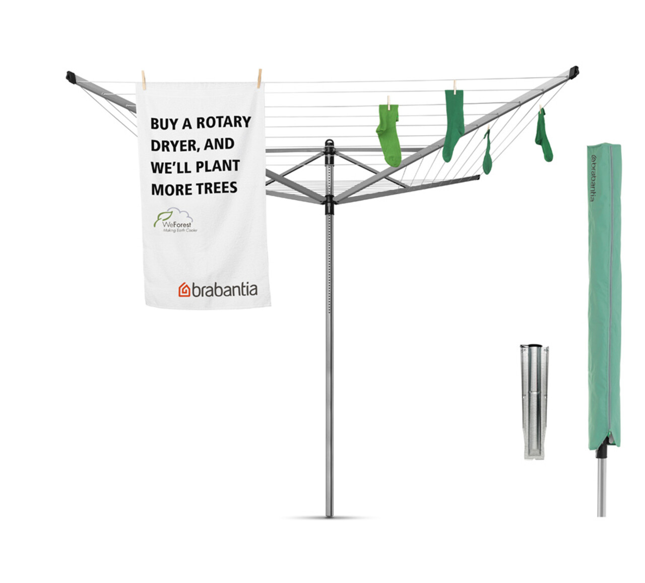 Uscator de rufe rotativ cu 4 brate + cu suport fixare pamant + husa, Brabantia, Lift-O-Matic, 60 m capacitate de uscare, otel, gri metalizat - 1 | YEO