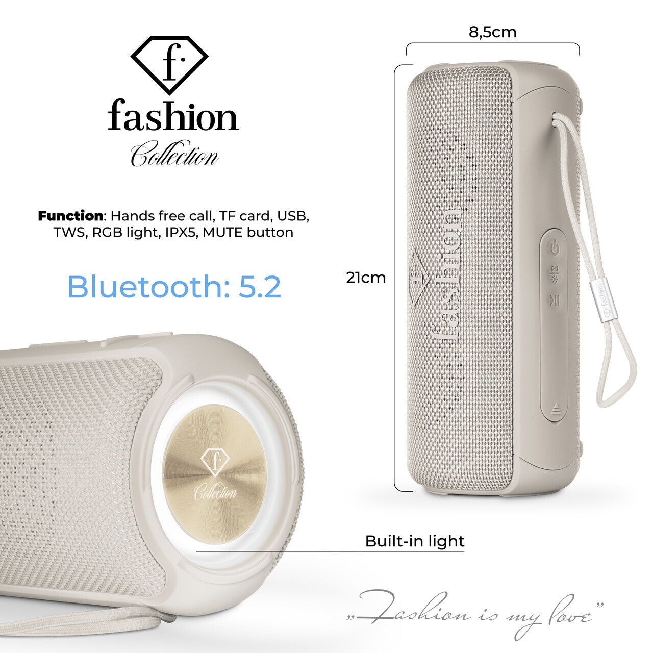 Boxa Bluetooth M Fashion TV, Matte Cream-Gold, 8.5x8.9x21 cm, crem - imagine 6