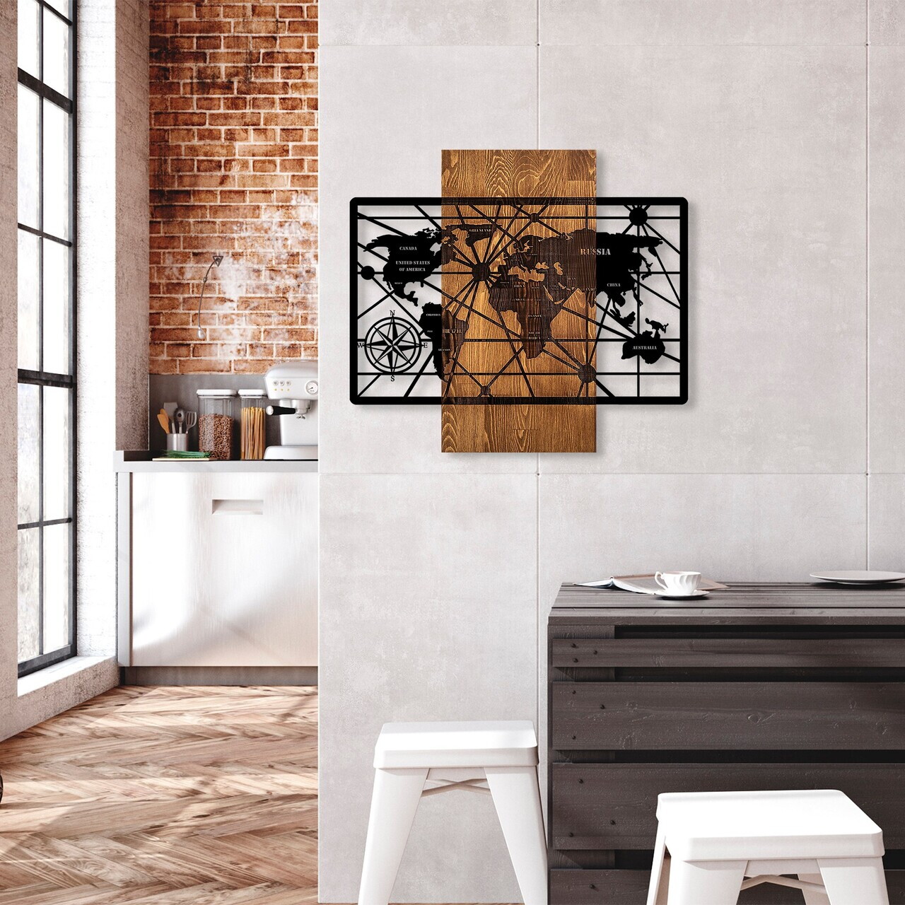 Decoratiune de perete, World Map 6-M, Dimensiuni: 57 x 63 cm, Nuc / Negru — imaginea 2
