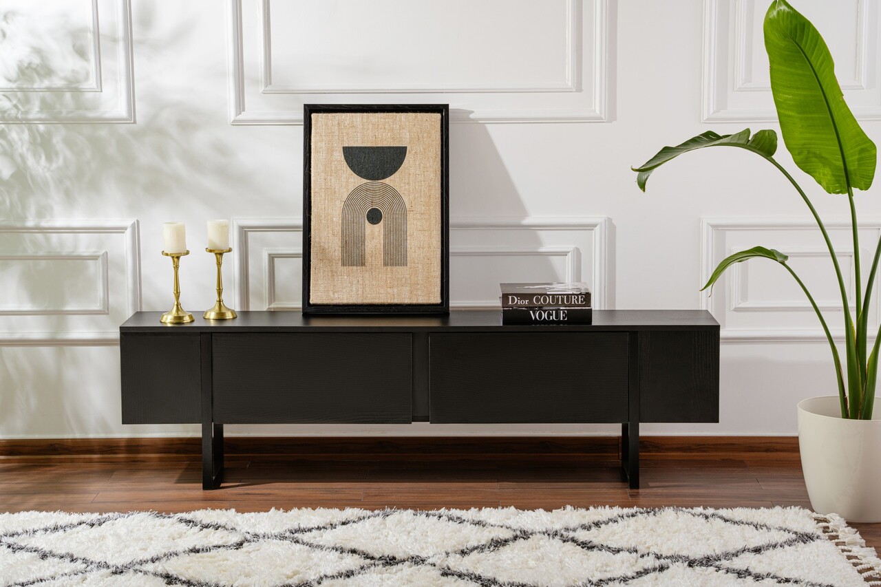 Comoda TV, Nordure, Serenity, 180x50x30 cm, Negru lemn / Negru - imagine 3