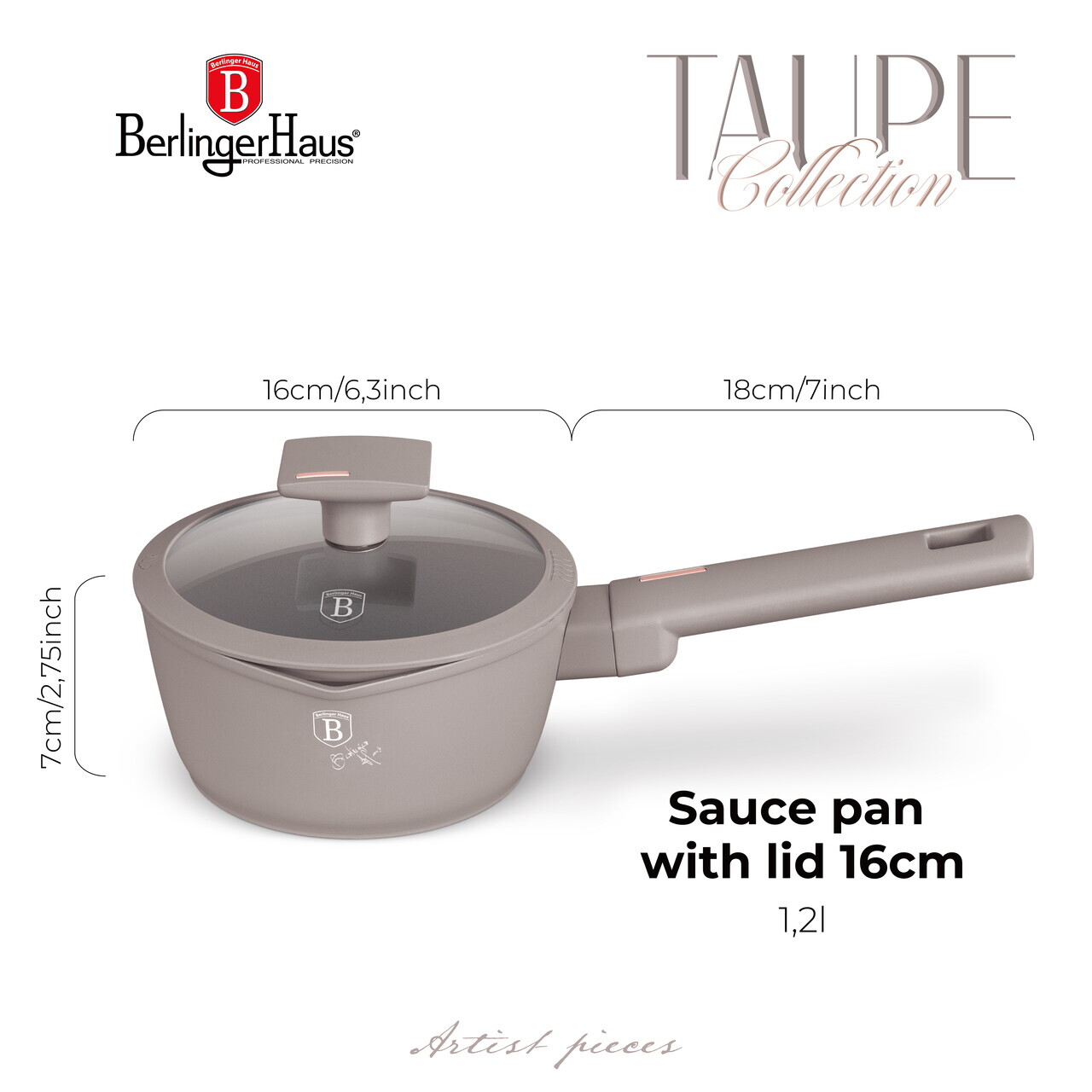 Cratita cu capac Berlinger Haus, Taupe, 16 cm, 1.2 L, aluminiu forjat, taupe mat - imagine 8