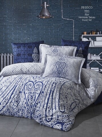 Lenjerie de pat dubla King Size, 4 piese, The Club Cotton, Fresco, bumbac ranforce, 145 TC, alb/albastru