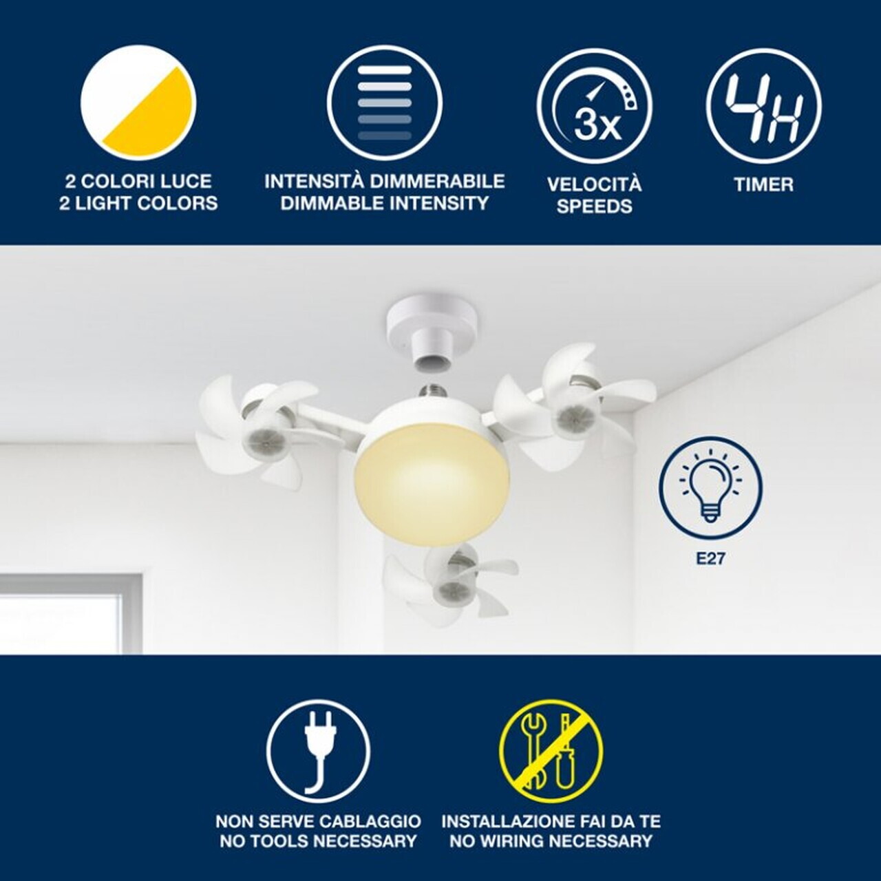 Ventilator de tavan 2 in 1 cu telecomanda Beper, 3 viteze, E27, alb - view 3