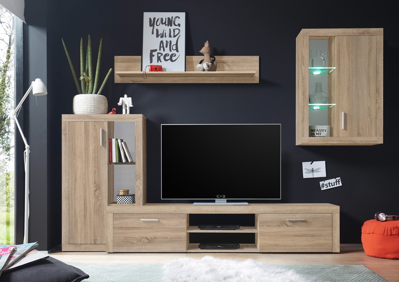 Mobilier Living, Berlin, 1 X Vitrina, 1 X Vitrina Supendata, 1 X Comoda TV, 1 X Raft Perete, 270 X 192 X 40 Cm, PAL, Sonoma