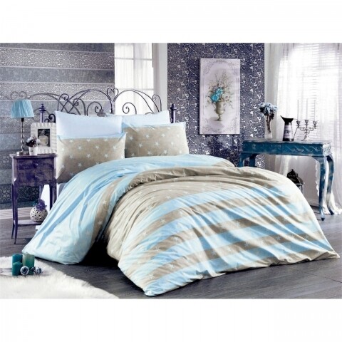 Lenjerie de pat dubla, Jeunesse Bleu Bedora, 6 piese, 240x240 cm, 100% bumbac ranforce