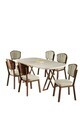 Set masa si scaune (7 piese), Hanah Home, Flori, Travertin / Aspect de lemn / Crem