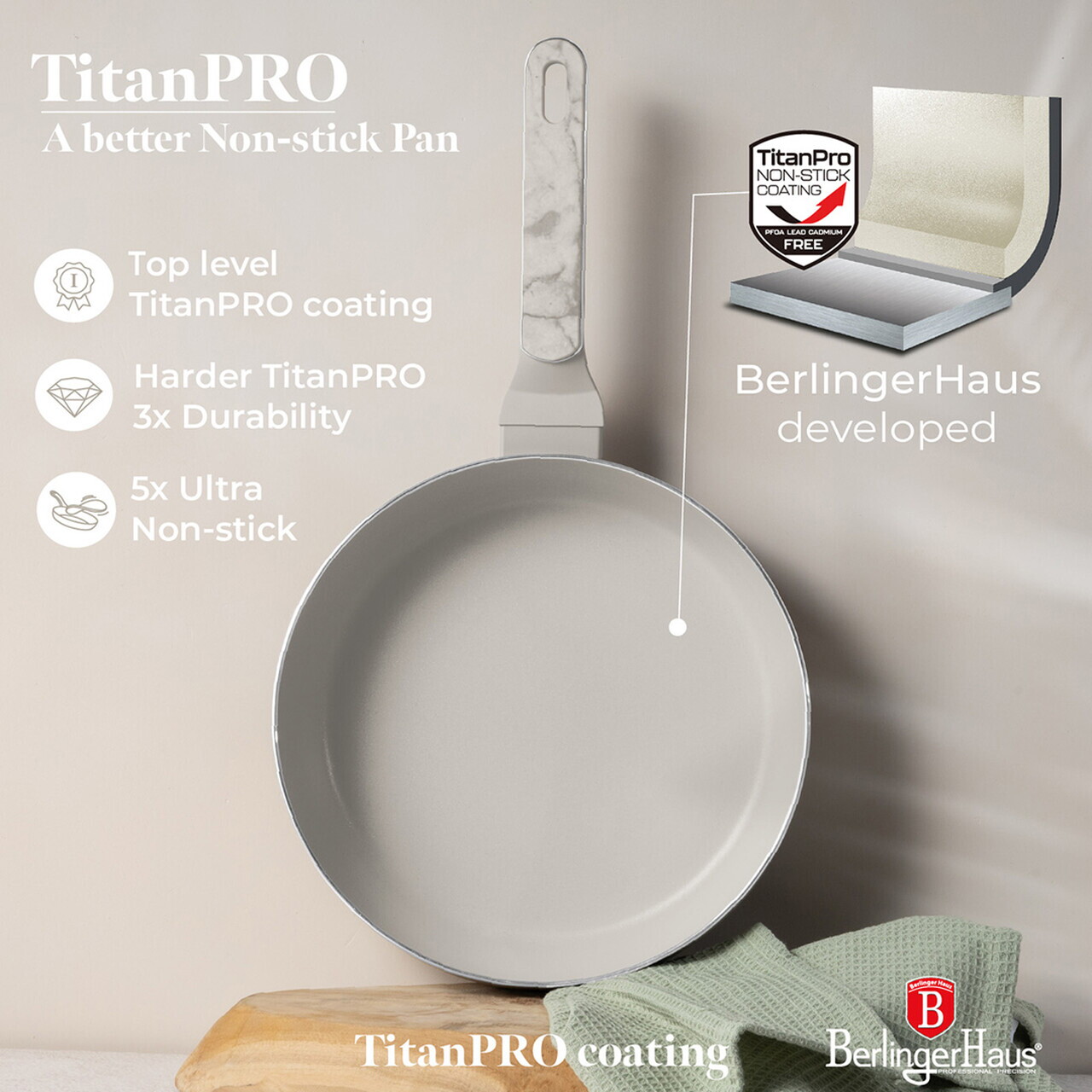 Tigaie flip Berlinger Haus, Sahara Marble, 26 cm, aluminiu, crem mat/marmura - imagine 9