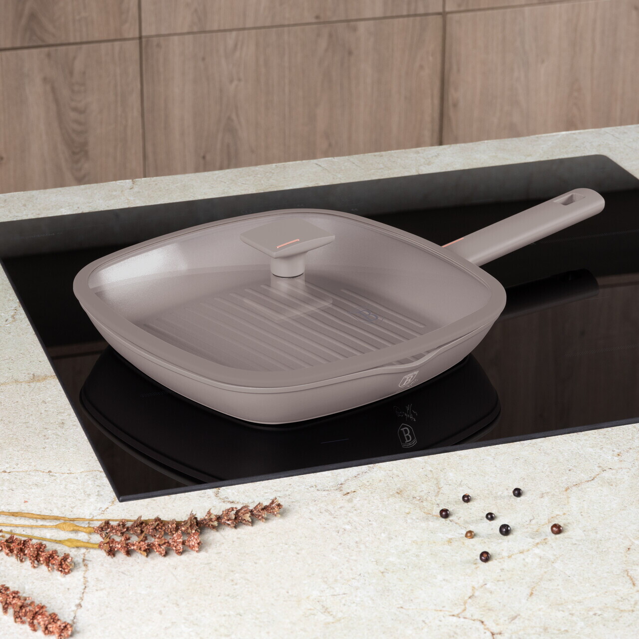 Tigaie grill cu capac Berlinger Haus, Taupe, 28 cm, 2.1 L, aluminiu forjat, taupe mat - imagine 2