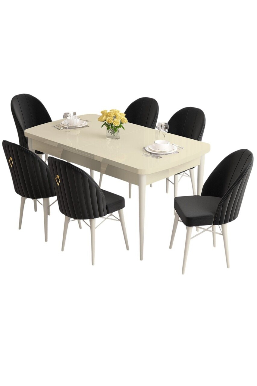 Set masa extensibila si scaune (7 piese), Hanah Home, Roz, Crem / Alb / Negru — imaginea 2