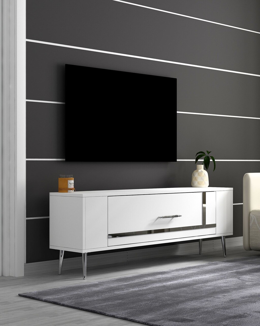 Comoda TV, Olivia, Retrop1, Alb / Argintiu - 1 | YEO