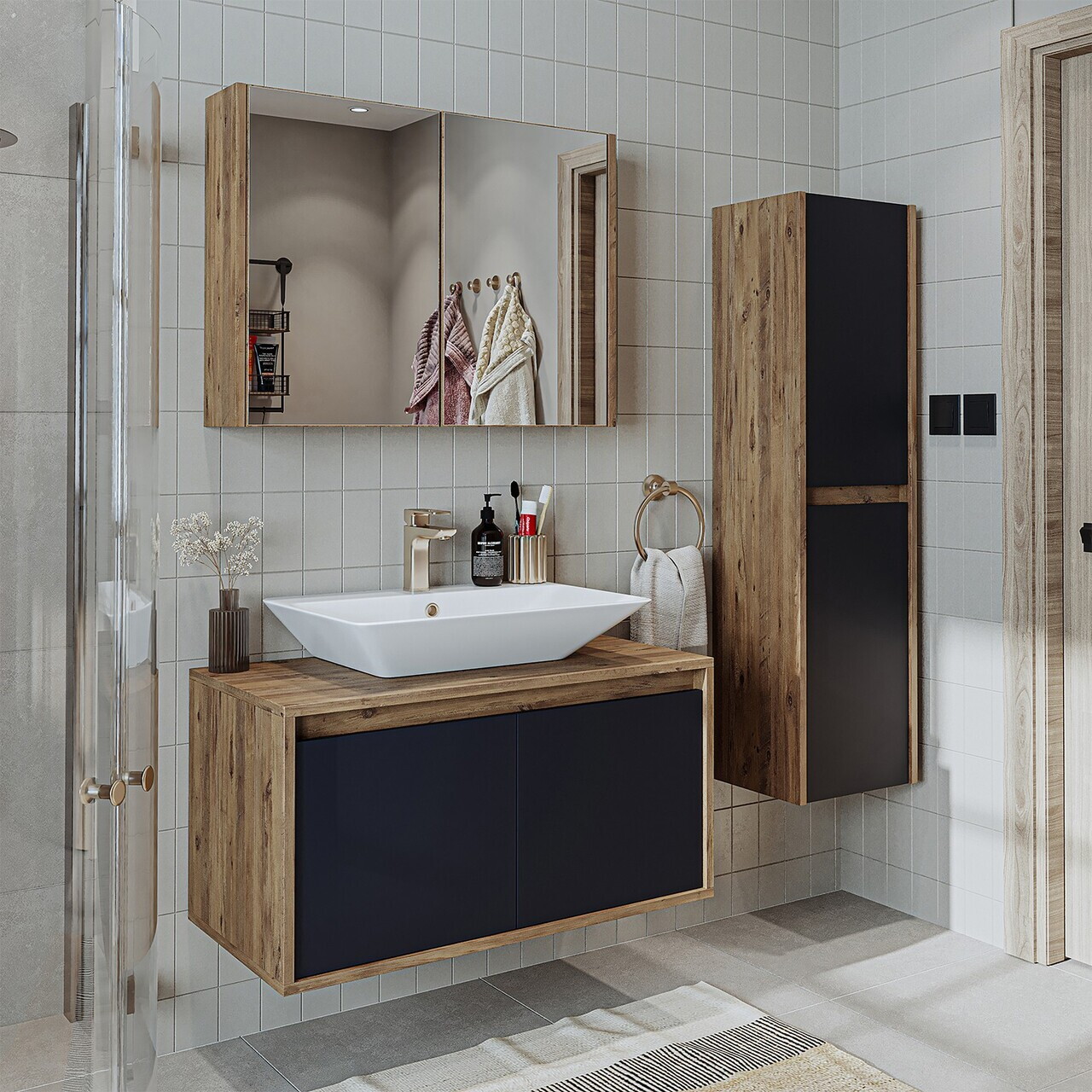Set Dulap de Baie cu Chiuvetă și Oglindă (3 Piese), Hanah Home, 1701, MDF-LAM, Pin Atlantic / Antracit