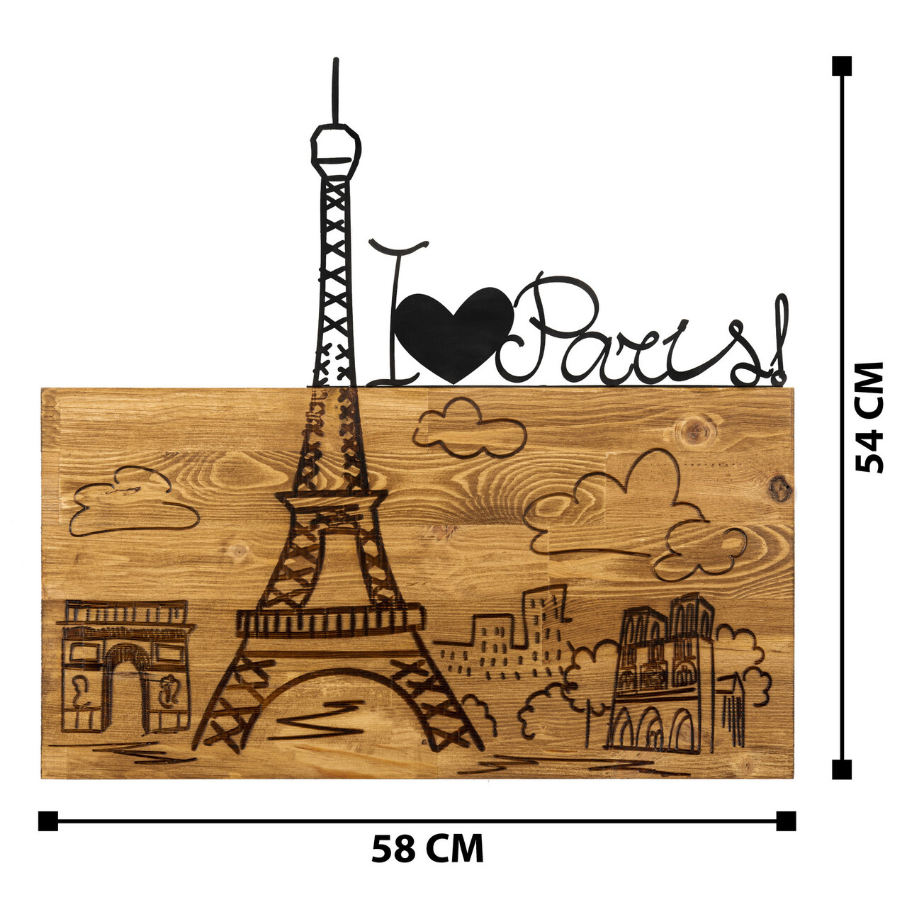Decoratiune de perete, I Love You Paris, lemn/metal, 58 x 54 cm, negru/maro
