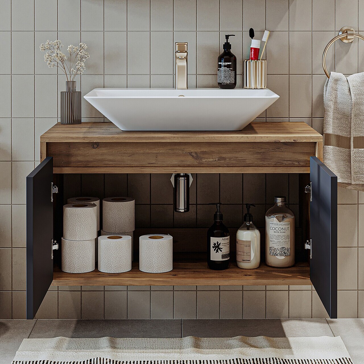 Dulap de baie cu chiuvetă, Hanah Home, 1706, 85x58x45 cm, MDF-LAM, Pin Atlantic / Antracit — imaginea 4