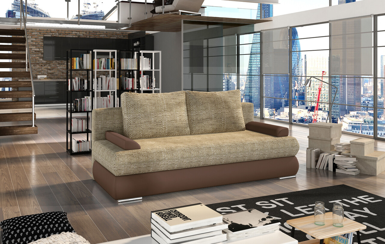 Canapea extensibila 3 locuri ELTAP, Milo, 213x95x90 cm, lemn/poliester, bej/maro