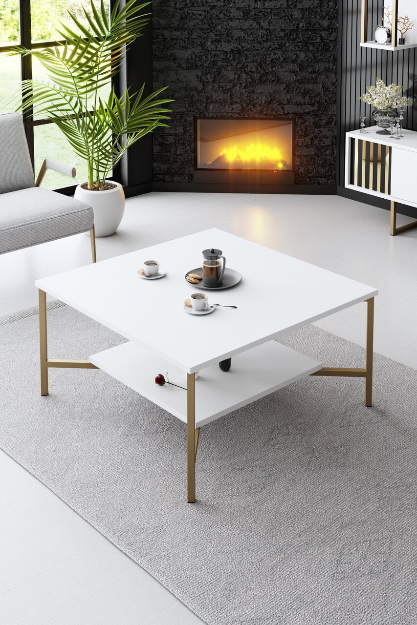 Masuta de cafea, Bexley, Gold Line, 80x80x40 cm, PAL, Alb/Negru - 1 | YEO