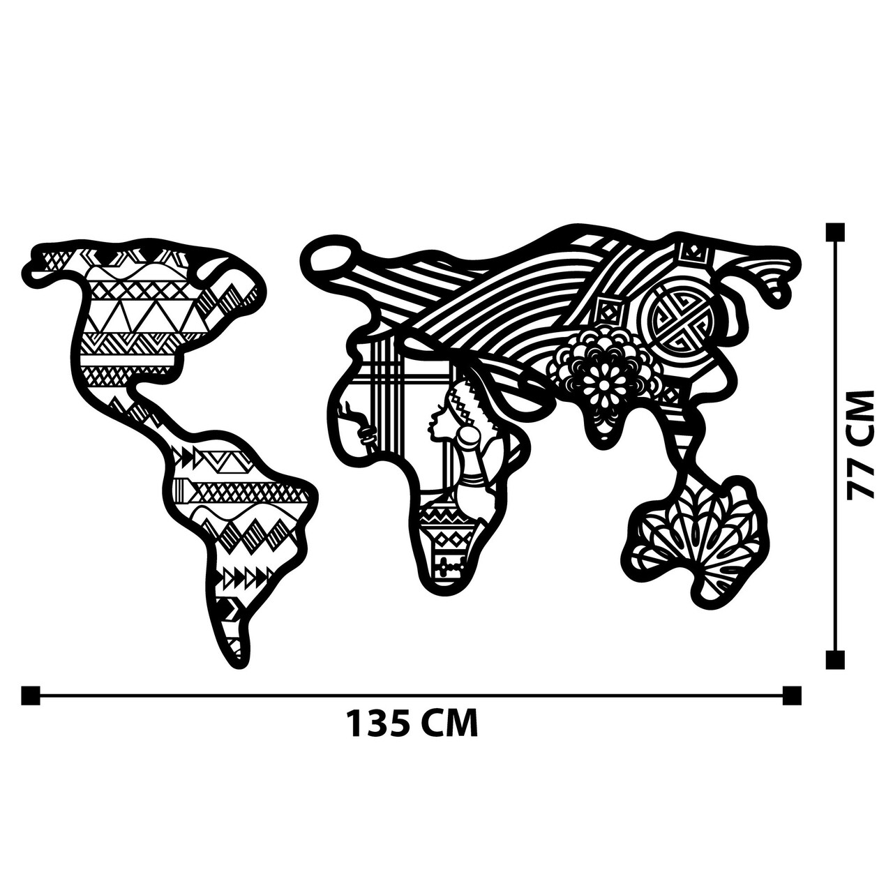 Decoratiune de perete, World Map 7, metal, 135 x 77 cm, negru