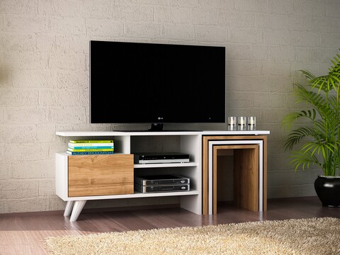 Mobilier Pentru Living Nature, Furny Home, Comoda TV Si 3 Masute, 120×29.5×49 Cm, Alb/natural