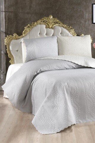 Set cuvertura de pat dubla 3 piese, Sanem - Cream, Grey, Lumea zestrei, Bumbac