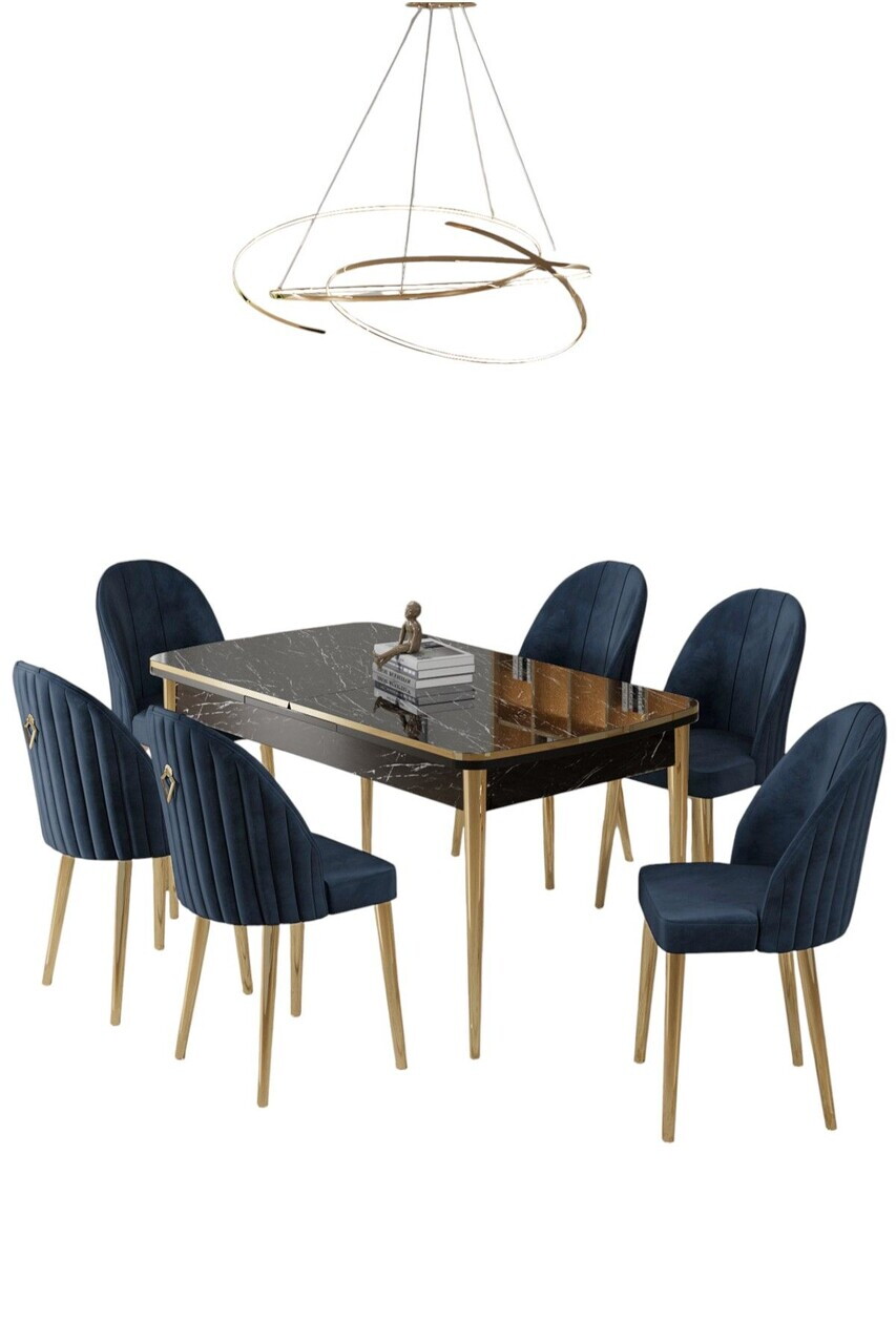 Set masa extensibila si scaune (7 piese), Hanah Home, Rada, Model de marmură neagră / Auriu / Antracit — imaginea 2
