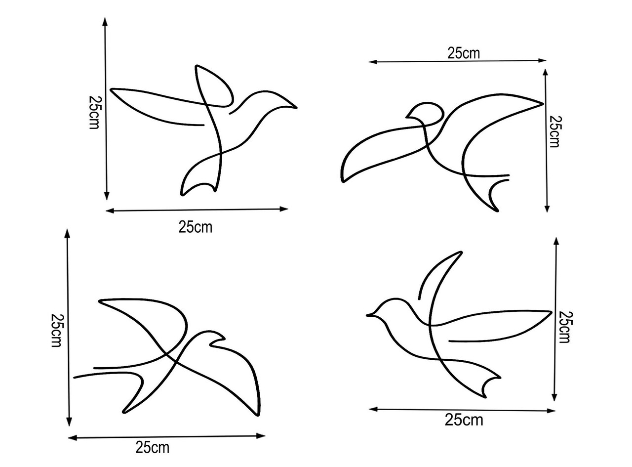 Decoratiune De Perete, Birds, Metal, 25 X 25 Cm, 4 Piese, Negru