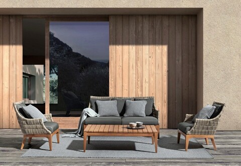 Fotoliu pentru gradina/terasa Keilani, Bizzotto, 69 x 73 x 80.5 cm, aluminiu/lemn de tec/tesatura olefin, natural/gri