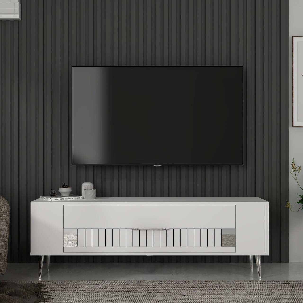 Comoda TV, Olivia, Retrolp4, Alb / Argintiu