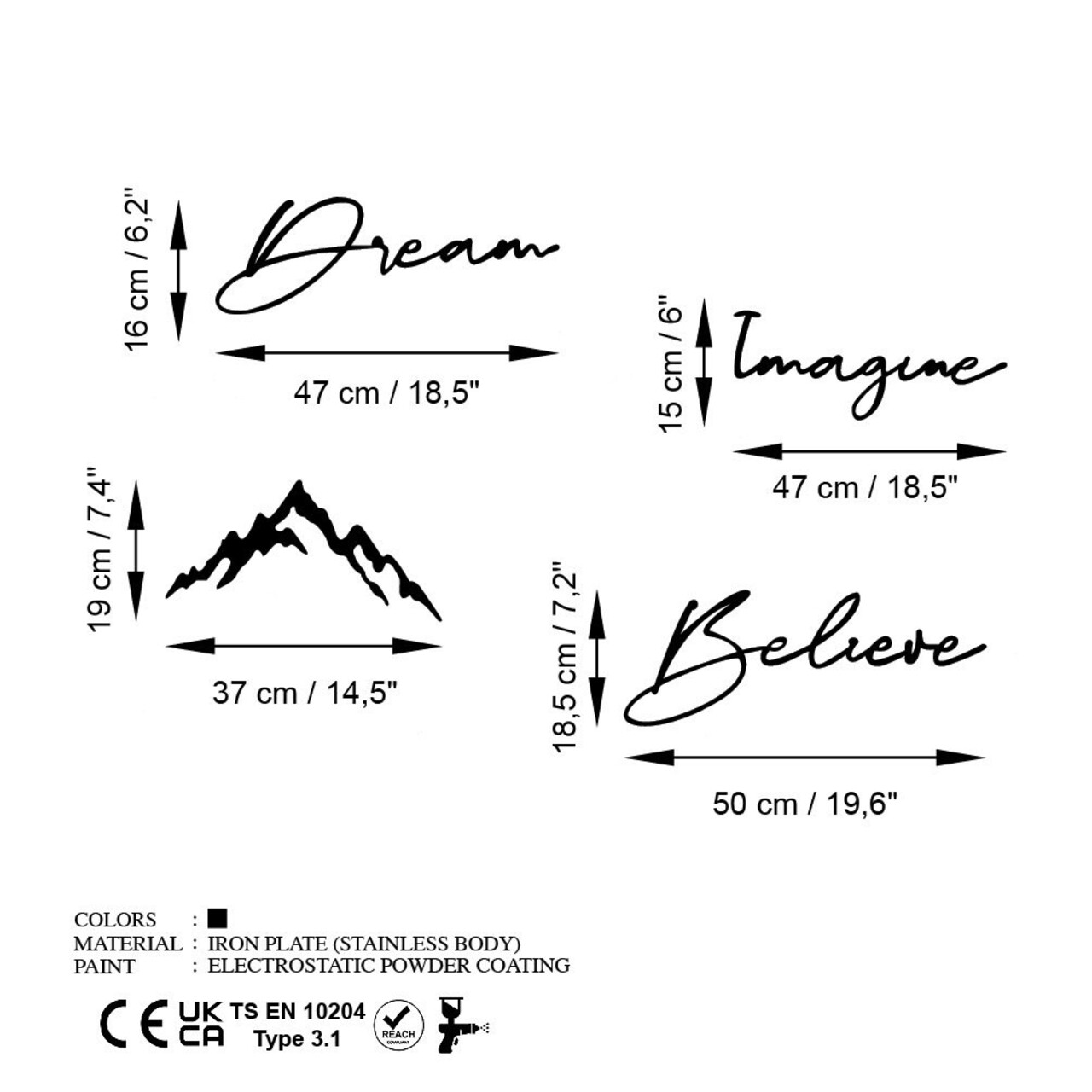 Decoratiune de perete, Dream Imagine Belive, Dimensiune: 47 x 16 cm (1 bucată), Negru - view 7