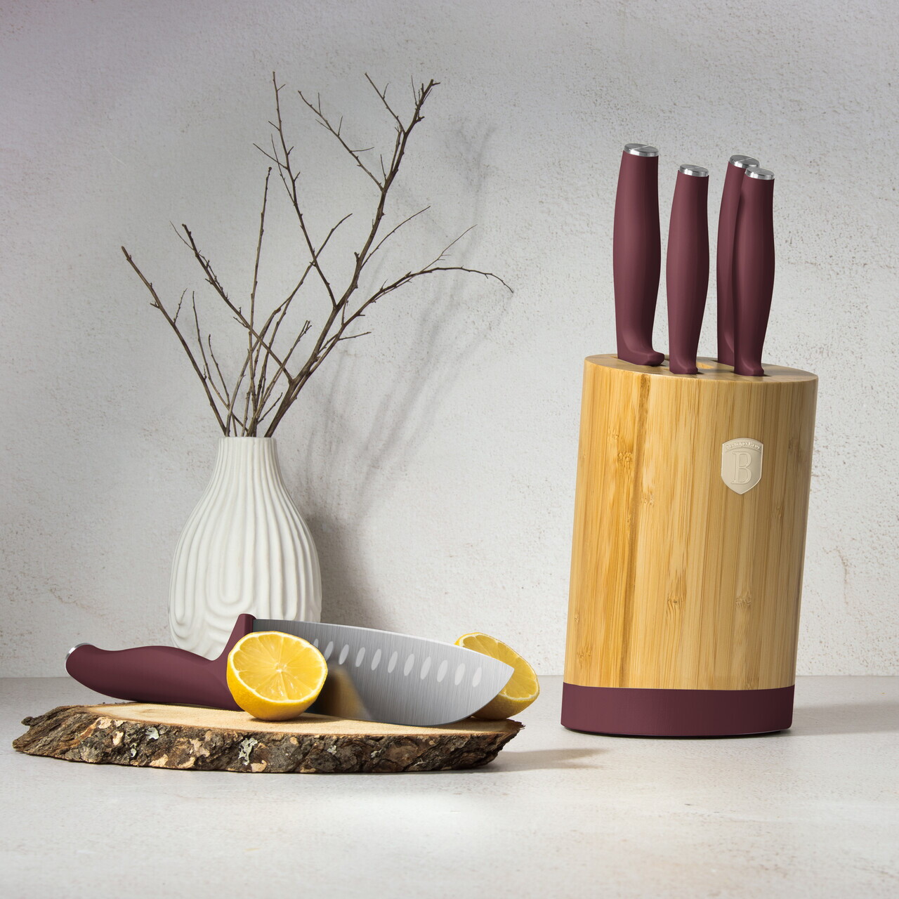 Set 5 cutite cu suport rotund Berlinger Haus, Leonardo, inox/bambus, visiniu mat/natur - imagine 7