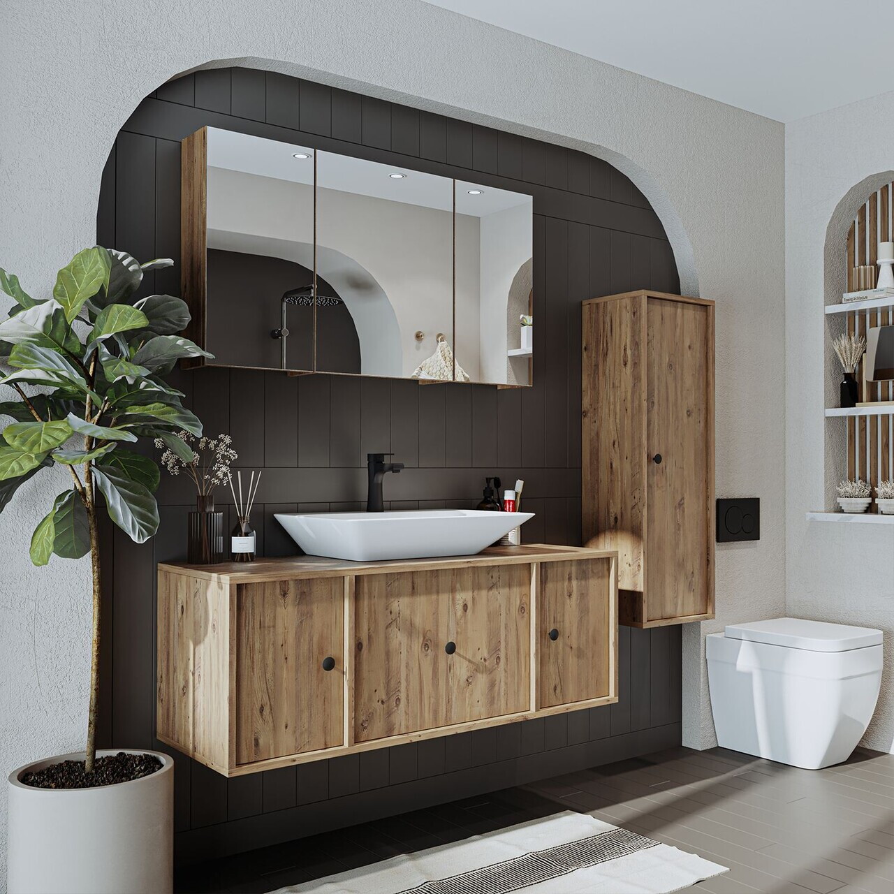Set Dulap de Baie cu Chiuvetă și Oglindă (3 Piese), Hanah Home, 2559, MDF, Maro — imaginea 2