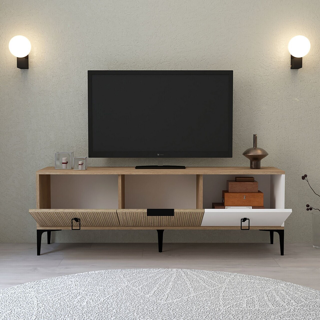 Comoda TV, Hanah Home, Neva 3502, 150x50x35 cm, PAL, Stejar / Alb — imaginea 2