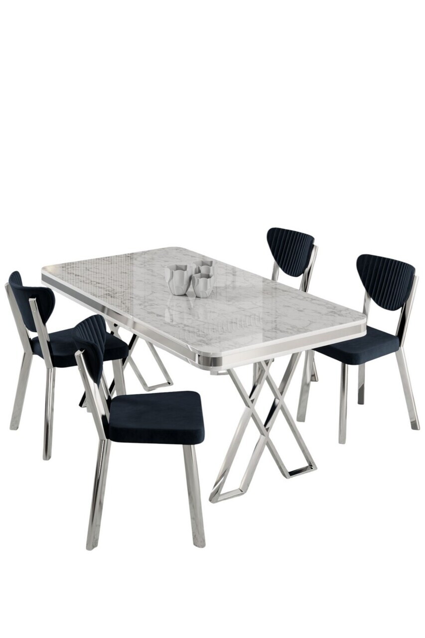 Set masa si scaune (5 piese), Hanah Home, Raja, Model de marmură albă / Crom / Antracit — imaginea 2