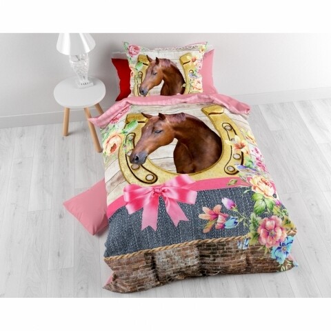 Lenjerie de pat pentru o persoana, Lovely Horse Pink, Royal Textile,  100% bumbac
