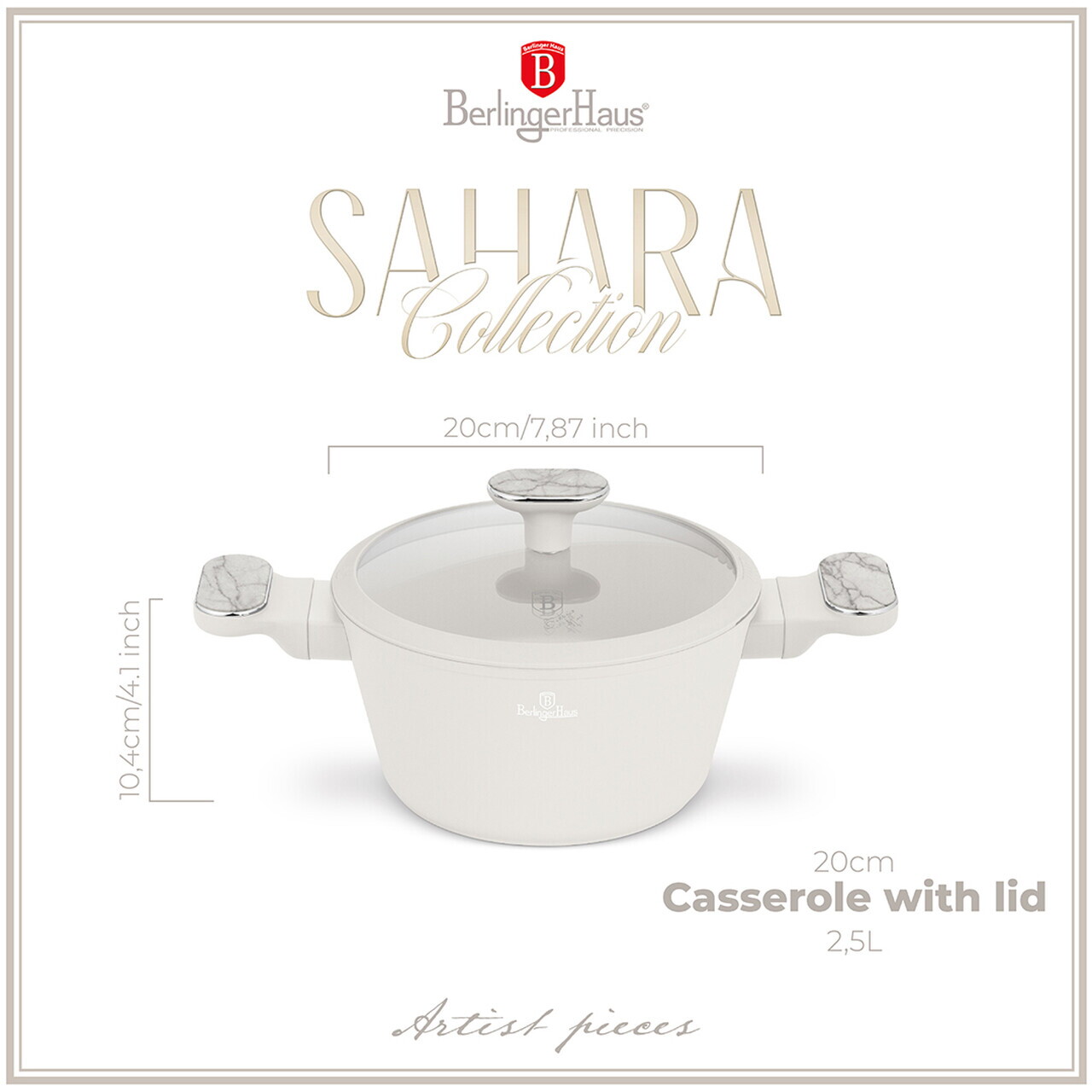Oala cu capac Berlinger Haus, Sahara Marble, 20 cm, 2.6 L, aluminiu forjat, crem mat/marmura - imagine 6