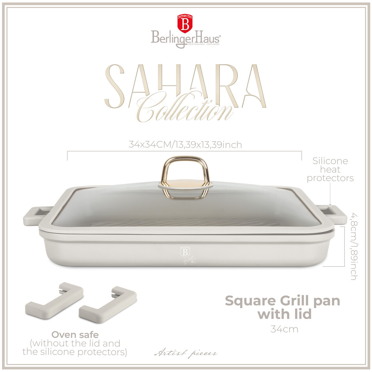 Tava grill cu capac Berlinger Haus, Sahara, 34x34x4.5 cm, aluminiu turnat, crem mat - imagine 8