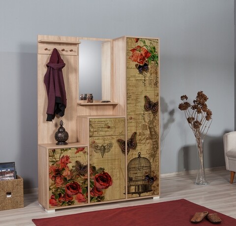 Dulap cu pantofar, cuier si oglinda kardelen 734, vella, 135x36x188 cm, multicolor