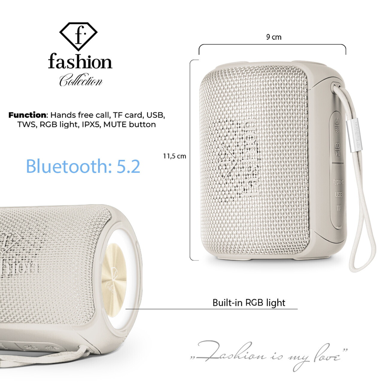 Boxa Bluetooth S Fashion TV, Matte Cream-Gold, 8.5x8.9x11.5 cm, crem - imagine 5