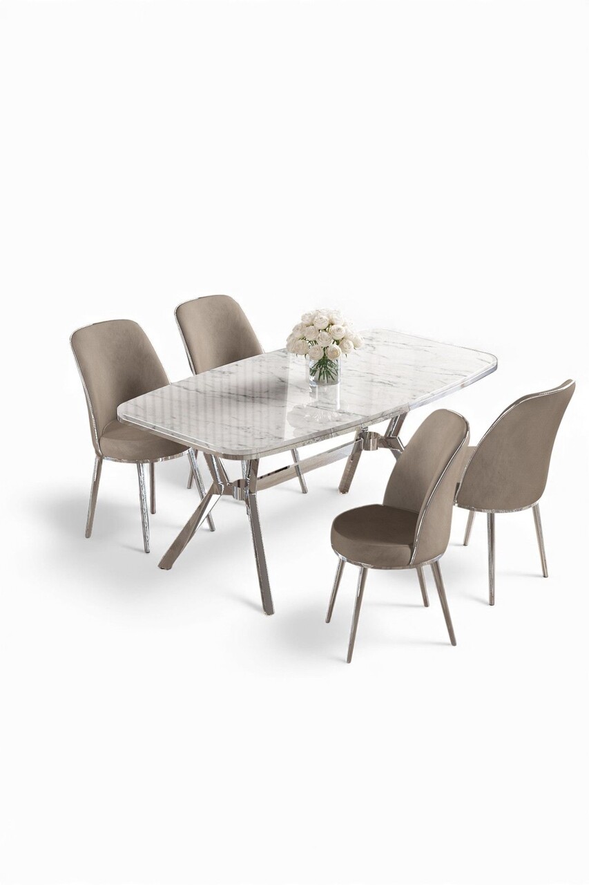 Set masă și scaune (5 bucăți), Hanah Home, Lena, Marmură albă / Crom / Cappuccino - view 2