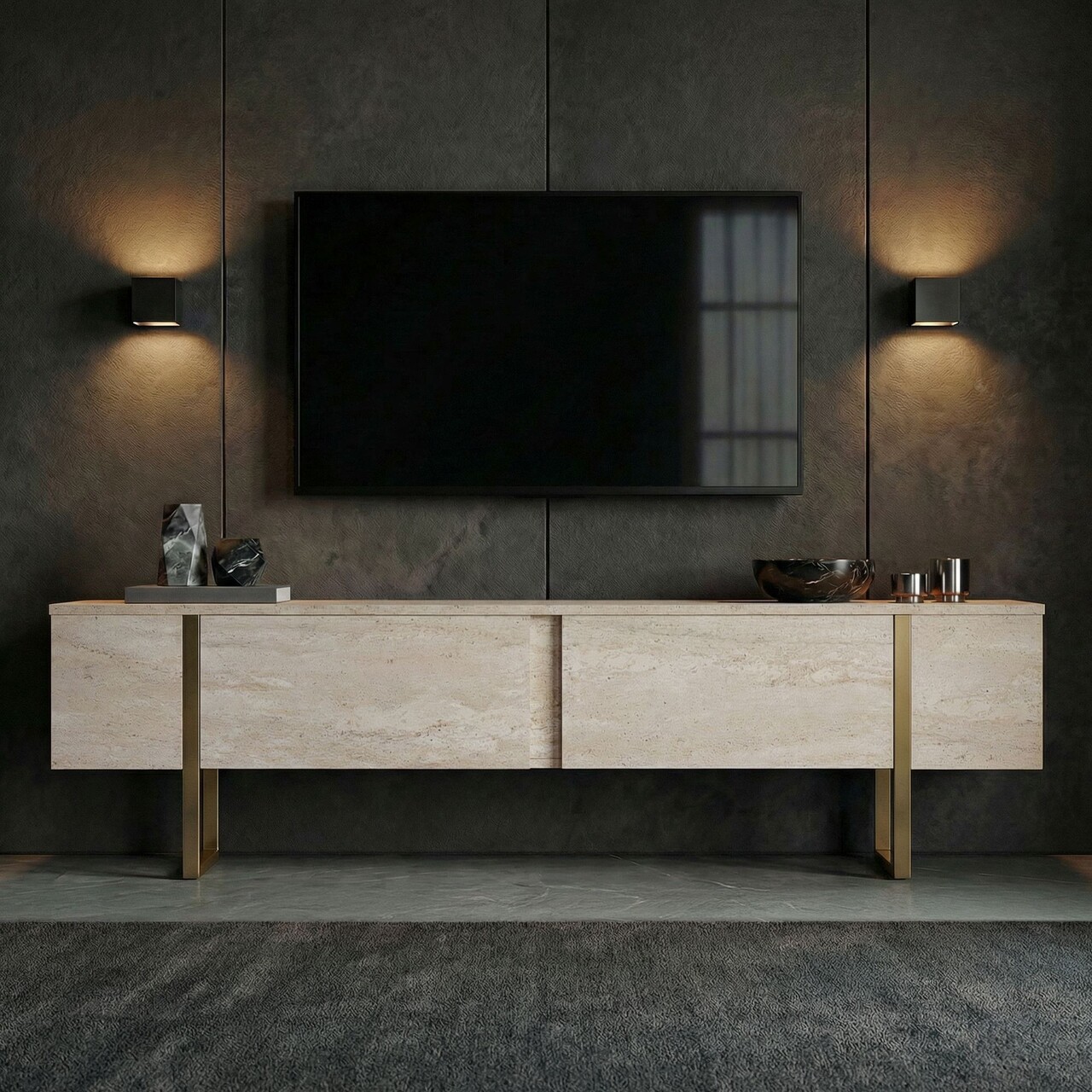 Comoda TV, Nordure, Onera, 180x50x30 cm, Travertin / Auriu - imagine 2