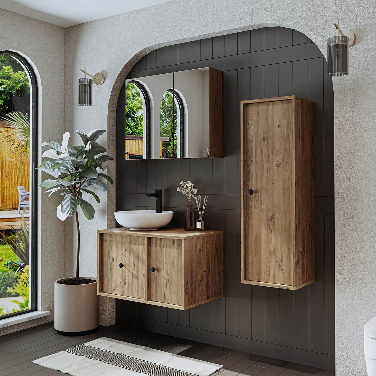 Set Dulap de Baie cu Chiuvetă și Oglindă (3 Piese), Hanah Home, 2553, MDF, Maro