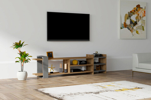 Comoda TV, Puqa Design, Zeyna, 156x40x29.6cm, PAL melaminat, Nuc / Antracit