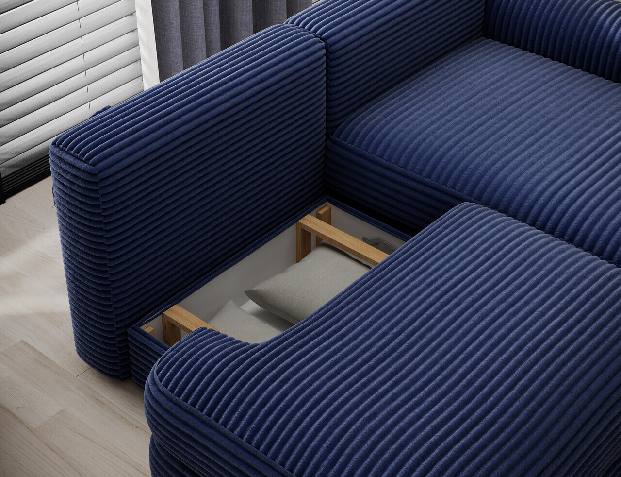 Coltar extensibil dreapta 3 locuri ELTAP, Ripeli, 217x175x96 cm, lemn/catifea din poliester, albastru inchis — imaginea 7