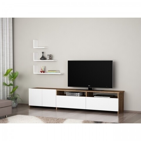 Comoda TV cu rafturi, Wooden Art, Gelincik White Walnut, 180×103.1×31.6 cm mezoni.ro