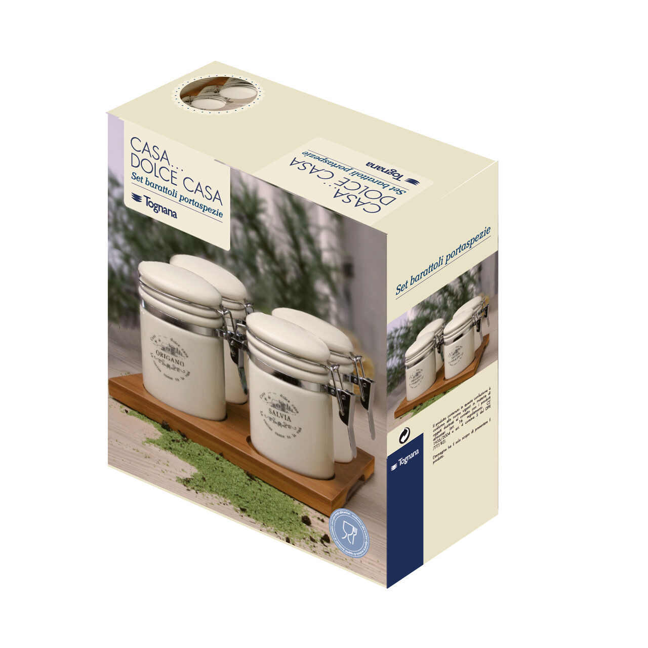 Set 4 Barattoli Spezie In Ceramica Tognana Dolce Casa – Con Vassoio E Chiusura Ermetica, Stile Country, Bianco Panna