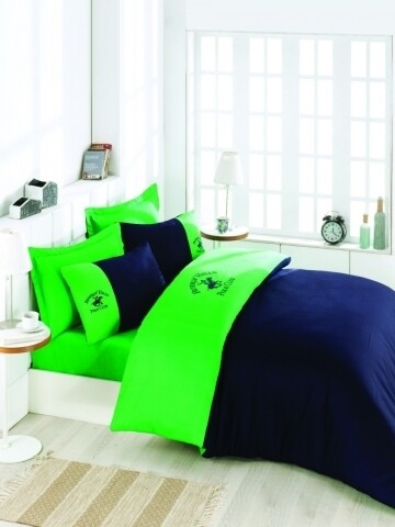 Lenjerie de pat dubla, 100% bumbac satinat, Beverly Hills Polo Club, bleumarin/verde