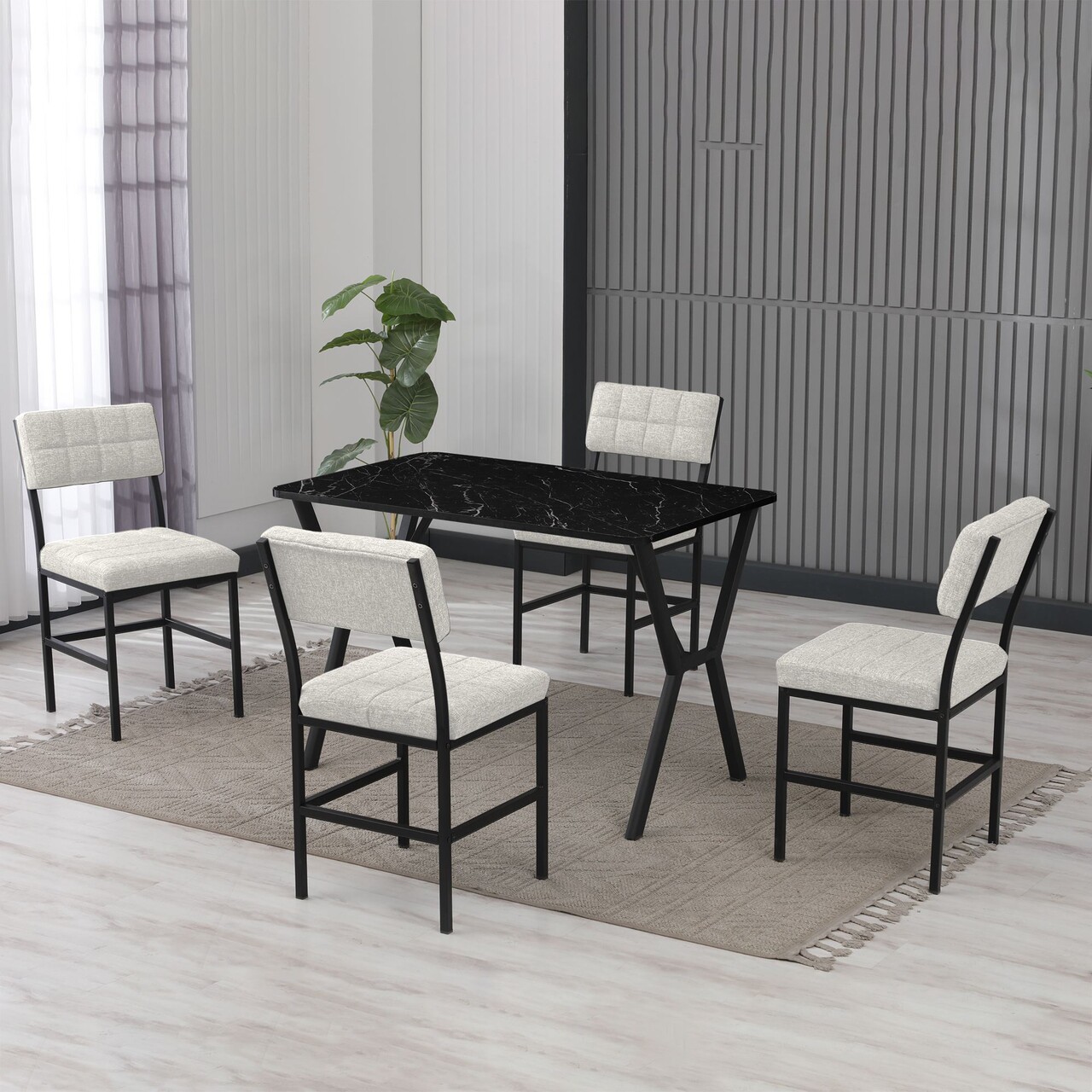 Set masa extensibila si scaune, Hanah Home, Dubai, Crem/Negru - view 2