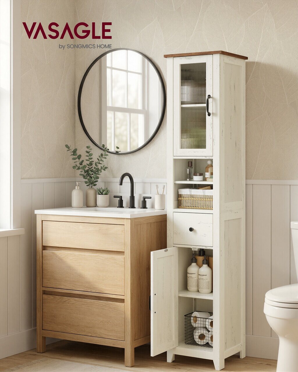 Dulap baie inalt Vasagle Liry, cu sertar si rafturi, 33x31.5x171 cm, MDF/PAL, alb rustic/maro - imagine 2